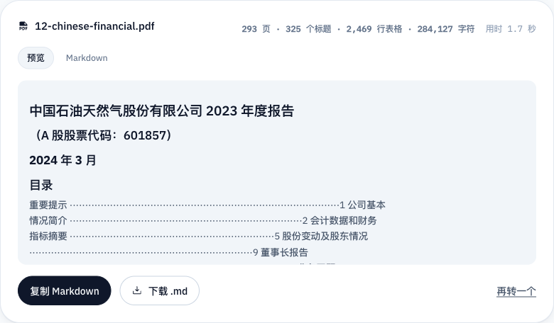 转换完成的界面,渲染出的文档以及复制和下载按钮